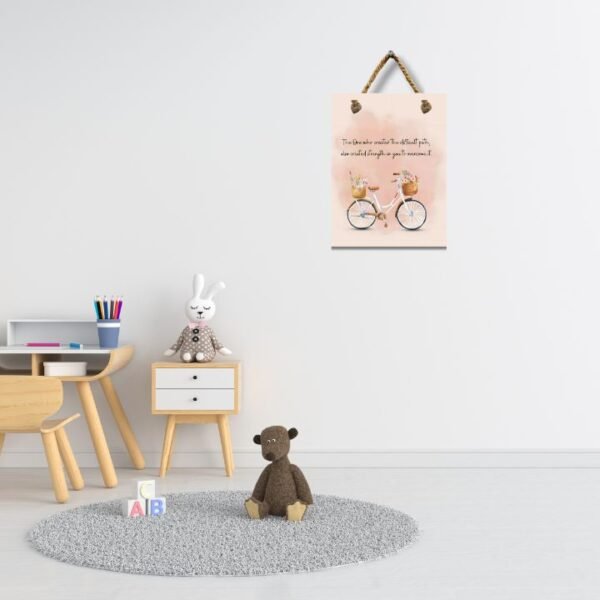 “Strength for the Journey” – Bicycle-Inspired Islamic Quote Wall Frame | Pastel Pink Floral Art (No Glass, Rope Hanging) - Image 3
