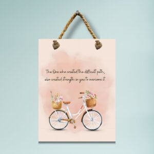 “Strength for the Journey” – Bicycle-Inspired Islamic Quote Wall Frame | Pastel Pink Floral Art (No Glass, Rope Hanging)