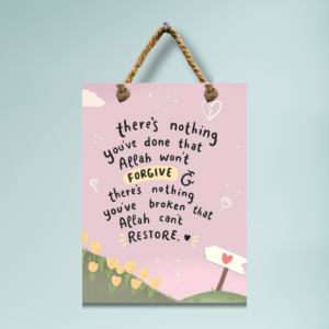 “There’s Nothing Allah Won’t Forgive or Restore” – Pink Pastel Islamic Quote Frame | Uplifting Rope Hanging Decor (No Glass)