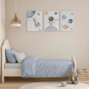 Astronaut Adventure MDF Wall Frame Set – 3-piece kids room wall art with rocket, astronaut, and planets