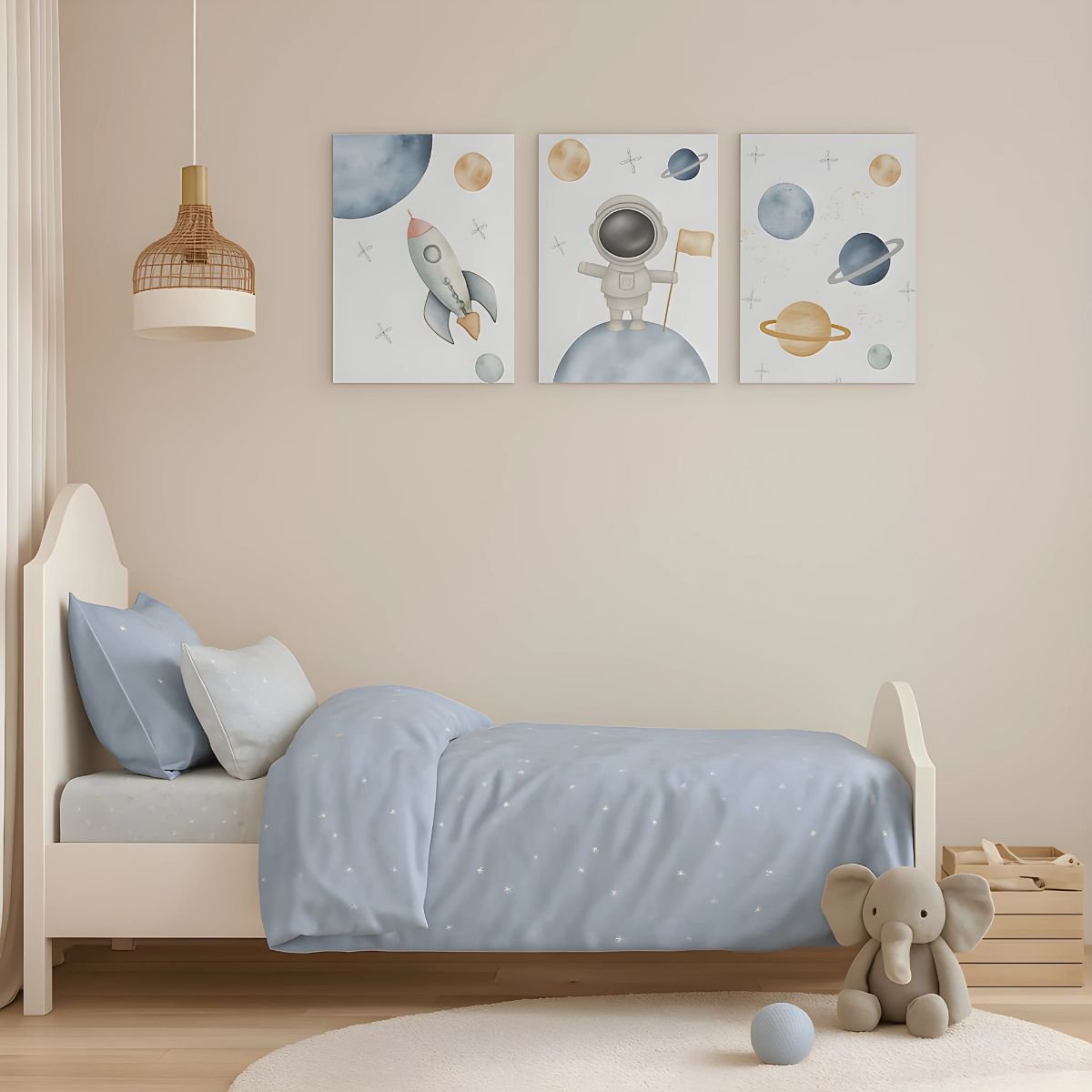 Astronaut Adventure MDF Wall Frame Set – 3-piece kids room wall art with rocket, astronaut, and planets