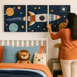 Space Rocket Borderless MDF Wall Frame Set – 3-piece kids room wall art with rocket and planets