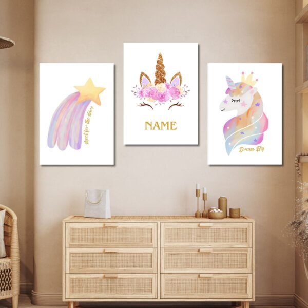 Unicorn Magic Customizable MDF Wall Frame Set – 3-piece kids room wall art with unicorn, star, and personalized name frame