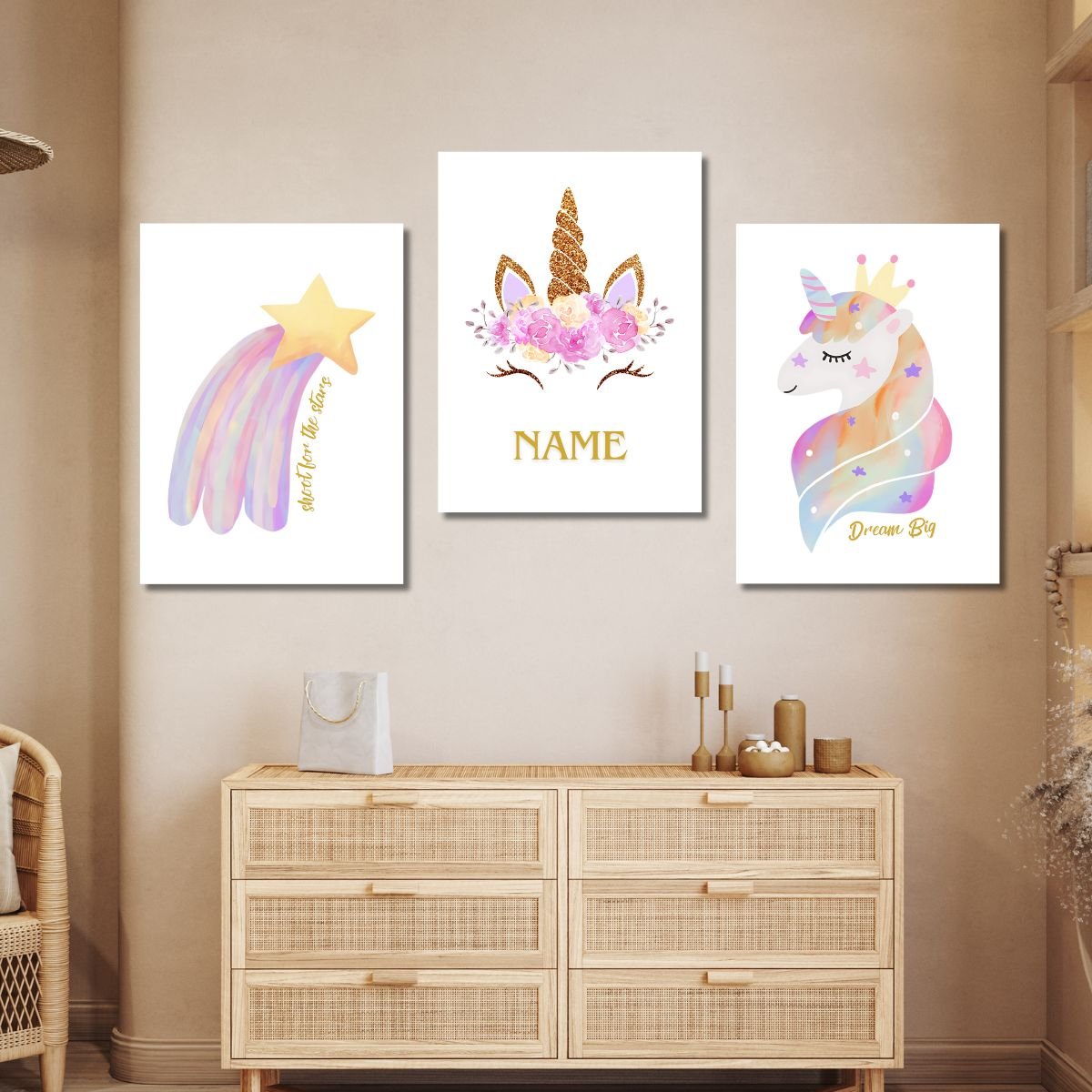 Unicorn Magic Customizable MDF Wall Frame Set – 3-piece kids room wall art with unicorn, star, and personalized name frame