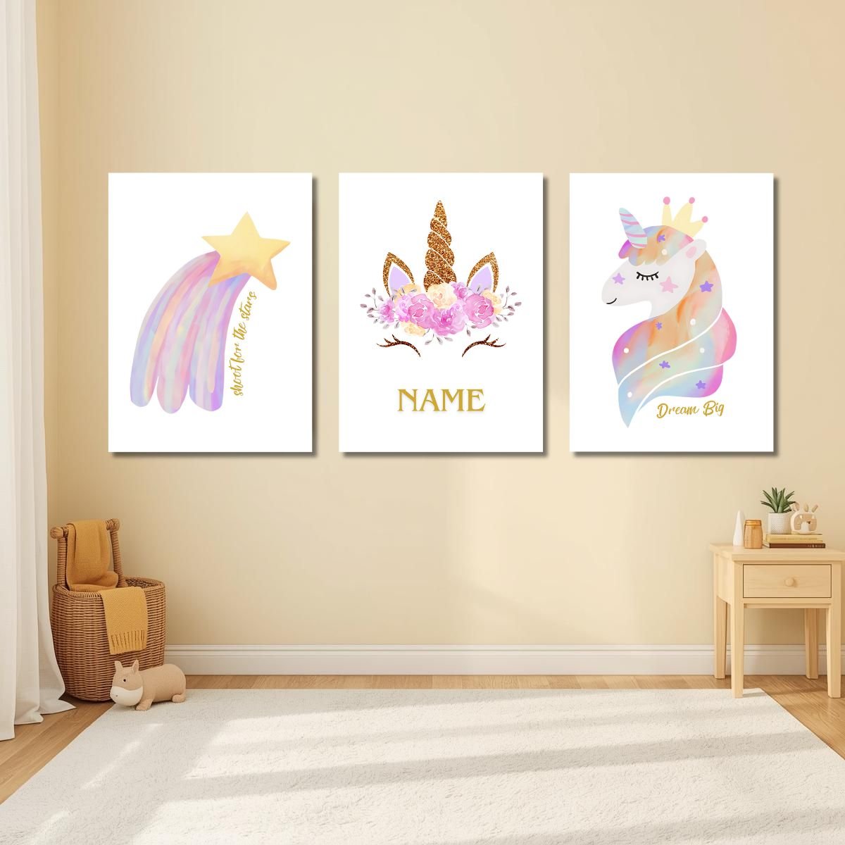 Unicorn Magic Customizable MDF Wall Frame Set – 3-piece kids room wall art with unicorn, star, and personalized name frame