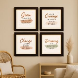 Motivational Wall Frame Set of 4 – “Grow”, “Courage”, “Change”, “Becoming” | Minimal Modern Quotes