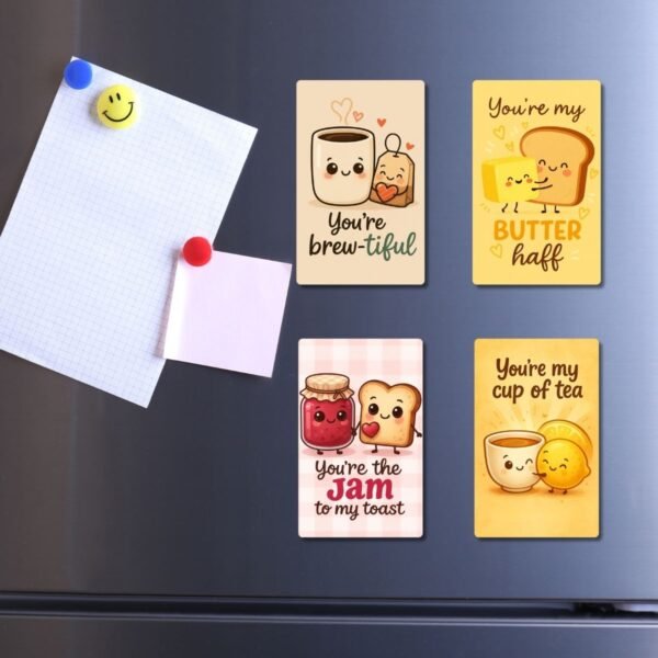 Set of 4 adorable breakfast-themed PVC fridge magnets with HD glossy print — cute, funny, and perfect for kitchen décor or gifting