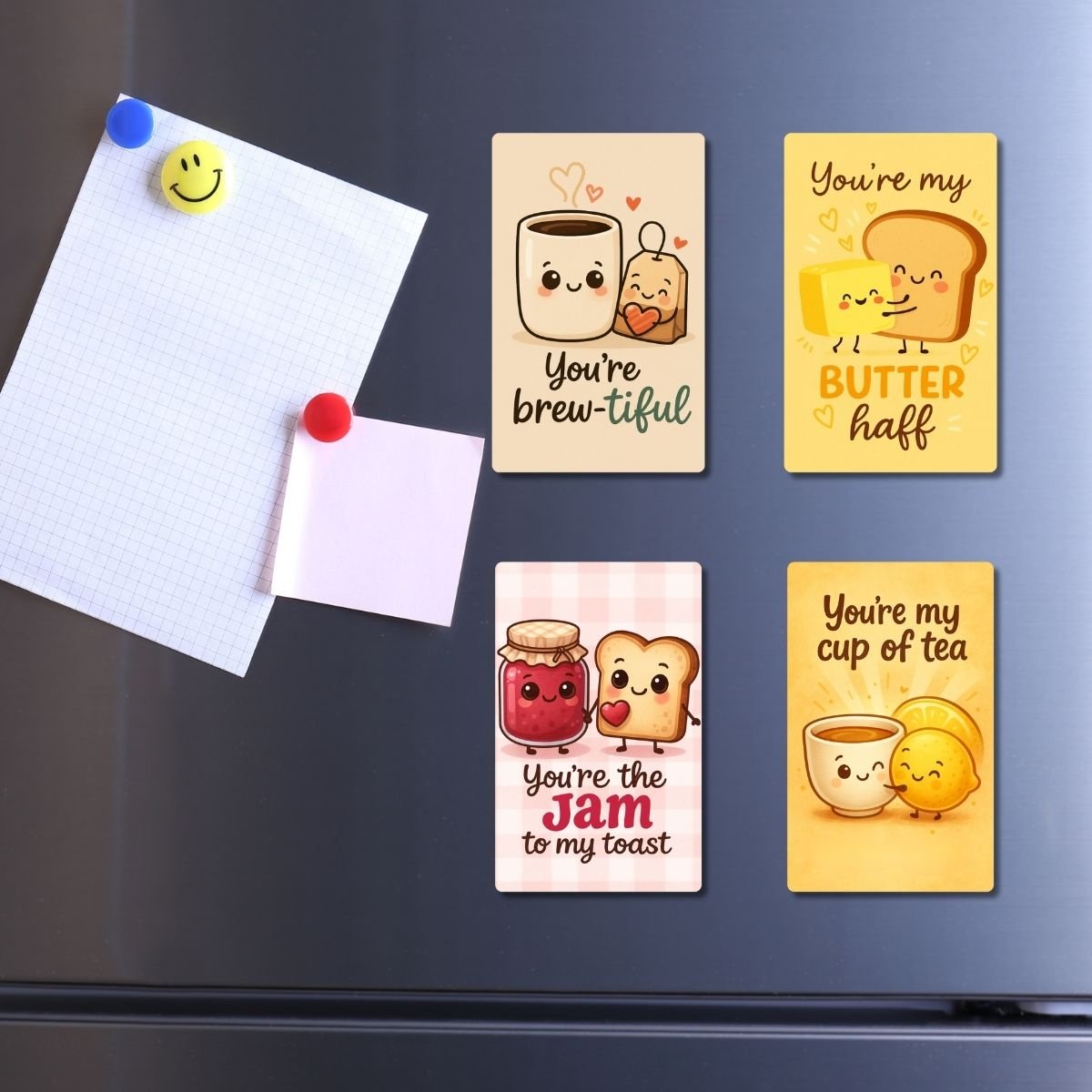 Set of 4 adorable breakfast-themed PVC fridge magnets with HD glossy print — cute, funny, and perfect for kitchen décor or gifting
