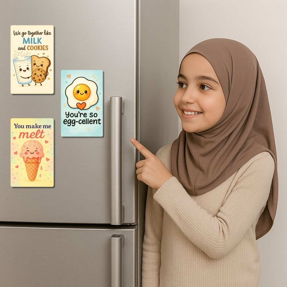 Set of 3 breakfast and dessert-themed PVC fridge magnets with cute love quotes. HD printed, waterproof, and glossy magnets — perfect for home décor or gifting.