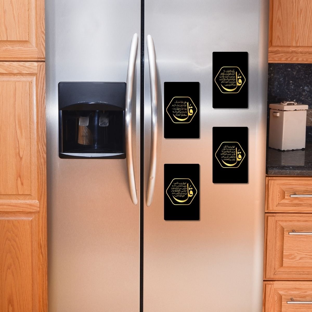 Set of 4 Elegant Black & Gold Fridge Magnets | Premium PVC Islamic Wall & Fridge Decor | Minimal Qur’anic Design Magnet Cards - Image 5