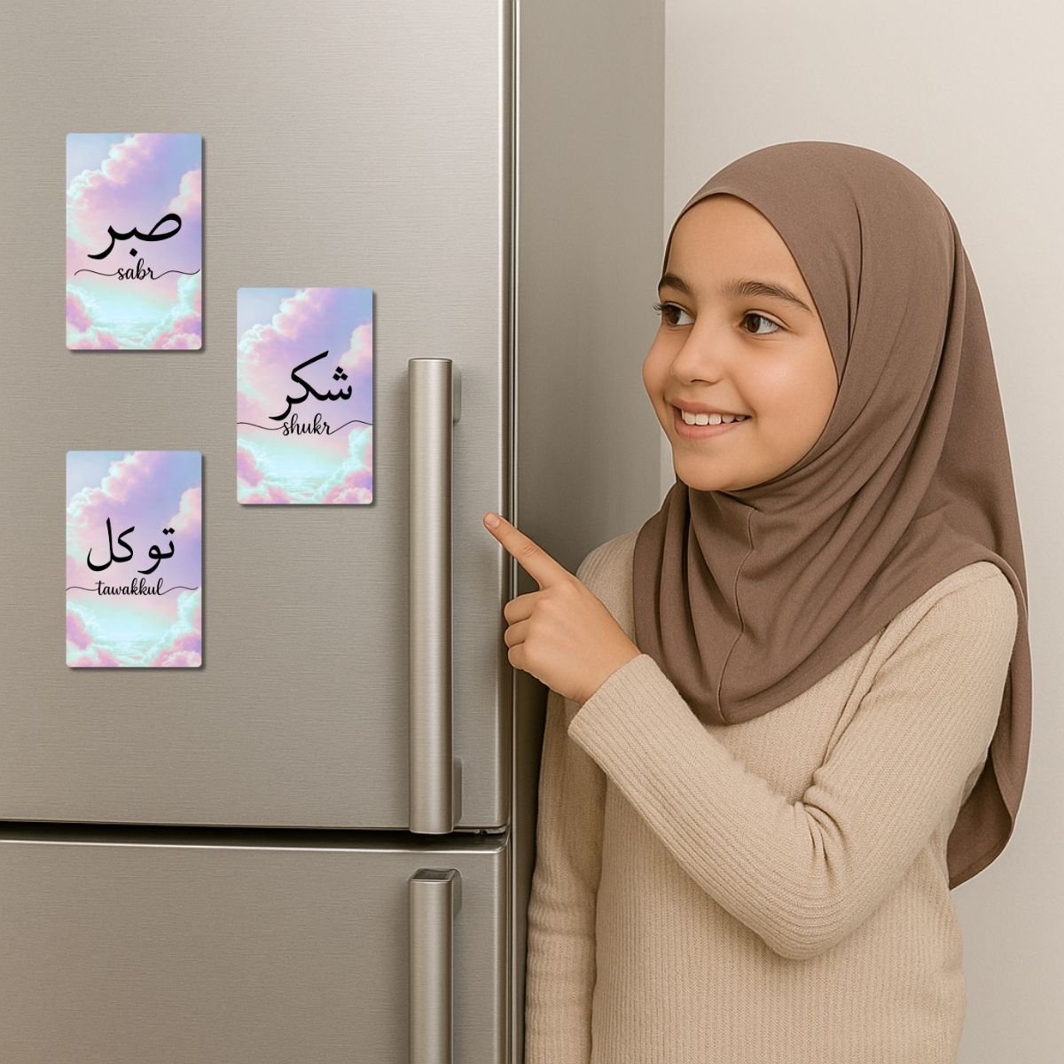 Set of 3 Fridge Magnets – Sabr • Shukr • Tawakkul | Arabic Calligraphy Motivational Magnet Cards | PVC Fridge Decor - Image 2