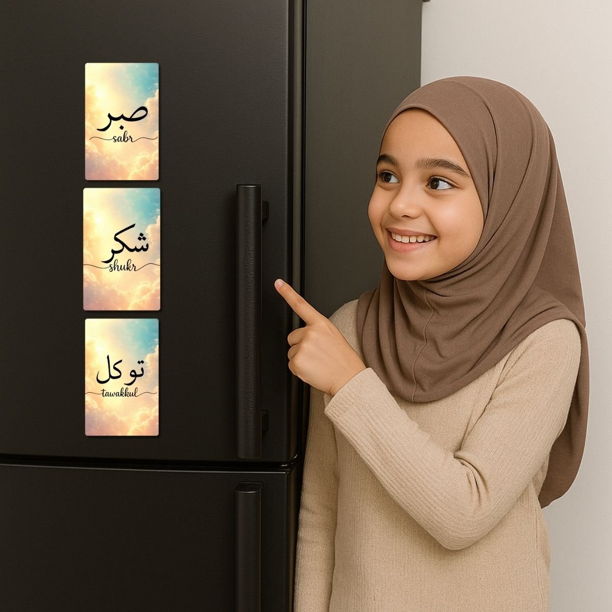Set of 3 Fridge Magnets – Sabr • Shukr • Tawakkul | Arabic Calligraphy Motivational Magnet Cards | PVC Fridge Decor - Image 5