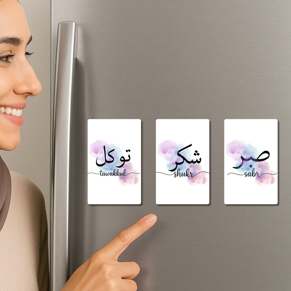 Set of 3 Fridge Magnets – Sabr • Shukr • Tawakkul | Arabic Calligraphy Motivational Magnet Cards | PVC Fridge Decor - Image 7